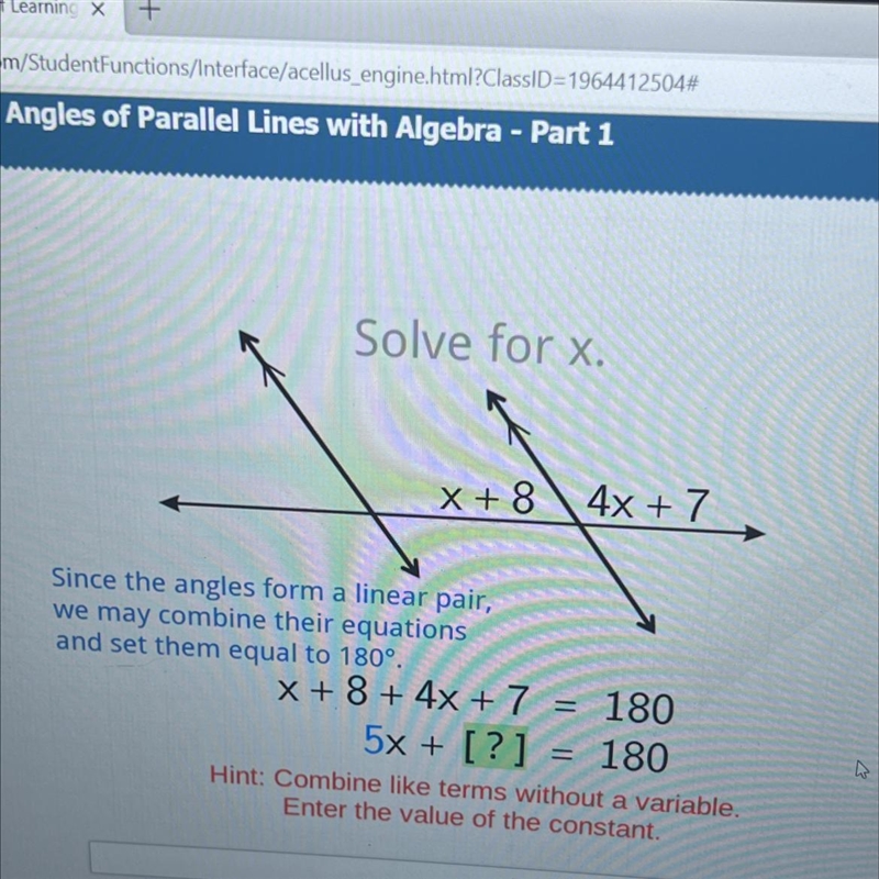 Solve for x.X + 84x + 7Since the angles form a linear pair,we may combine their equationsand-example-1