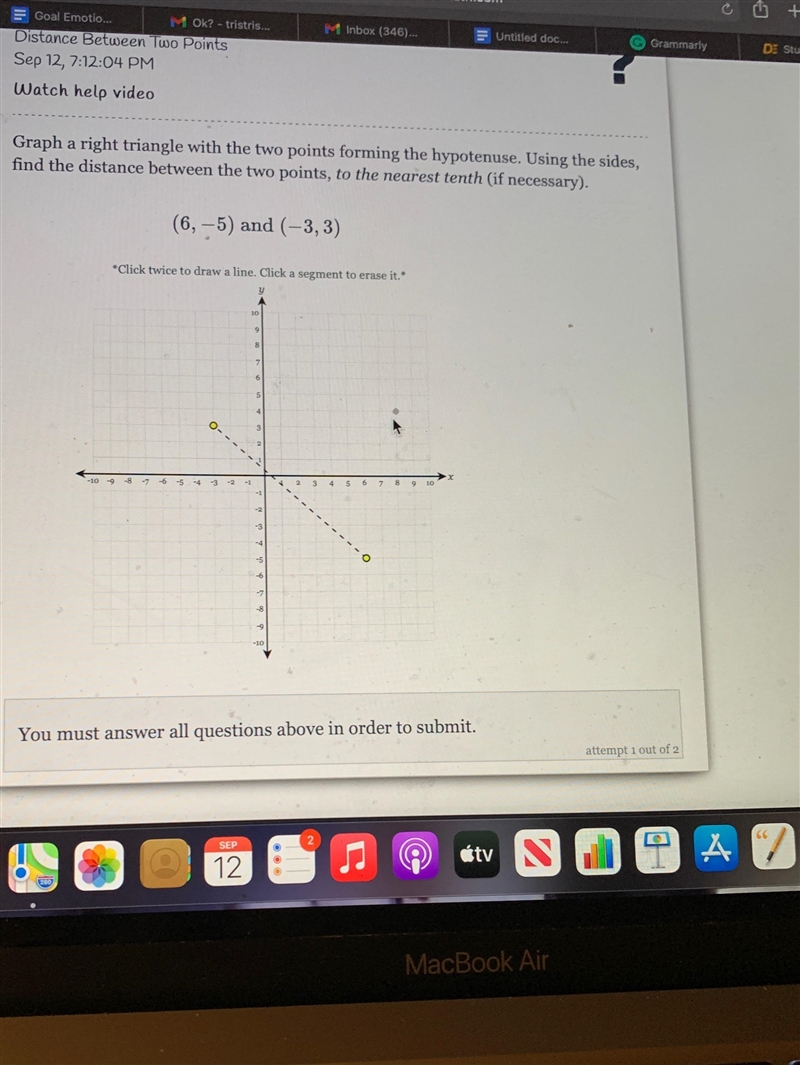 graph a right triangle with two points forming the hypotenuse. using the sides, find-example-1