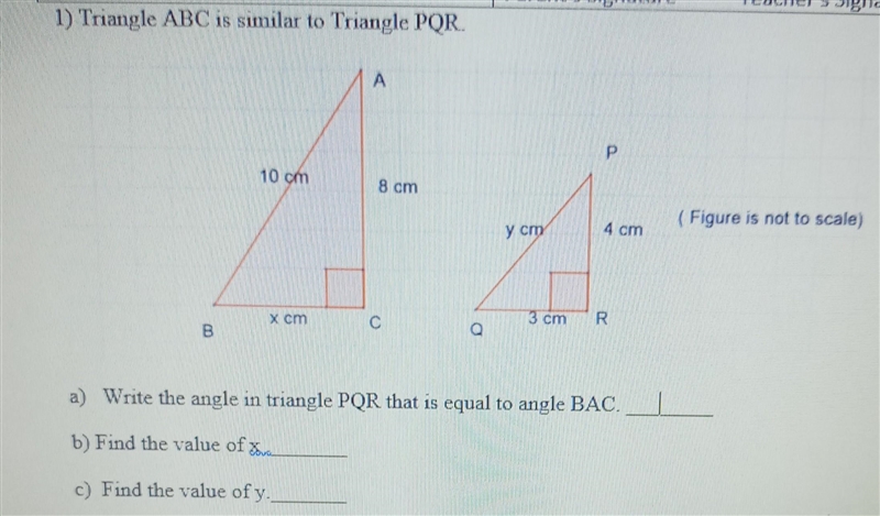 A) Write the angle in triangle PQR that is equal to angle BAC. b) Find the value of-example-1