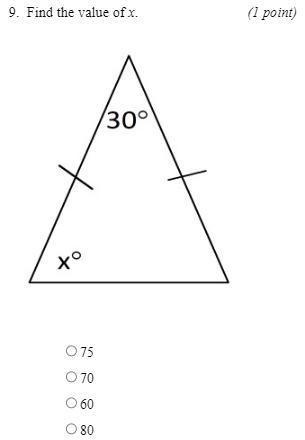 Find the value of x A. 75 B. 70 C. 60 D. 80-example-1