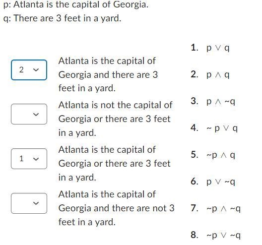 Match the statement with it's symbolic notation. p: Atlanta is the capital of Georgia-example-1