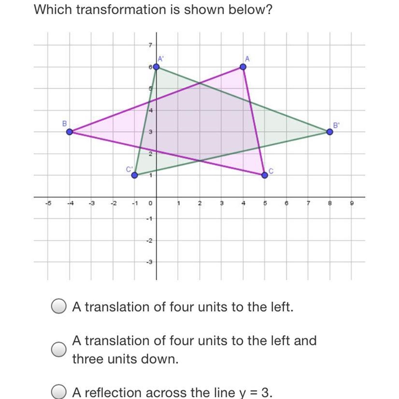 Which transformation is shown below?7BB.2coСdu43-2-1257e.--23A translation of four-example-1