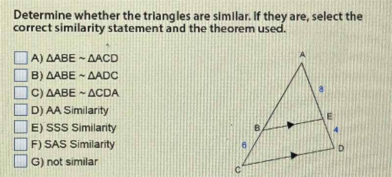 Determine whether the triangles are simllar. If they are, select thecorrect similarity-example-1