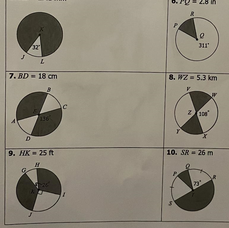 I need help with 7,10,8,and 9 it says to find the area of each shaded sector. Round-example-1