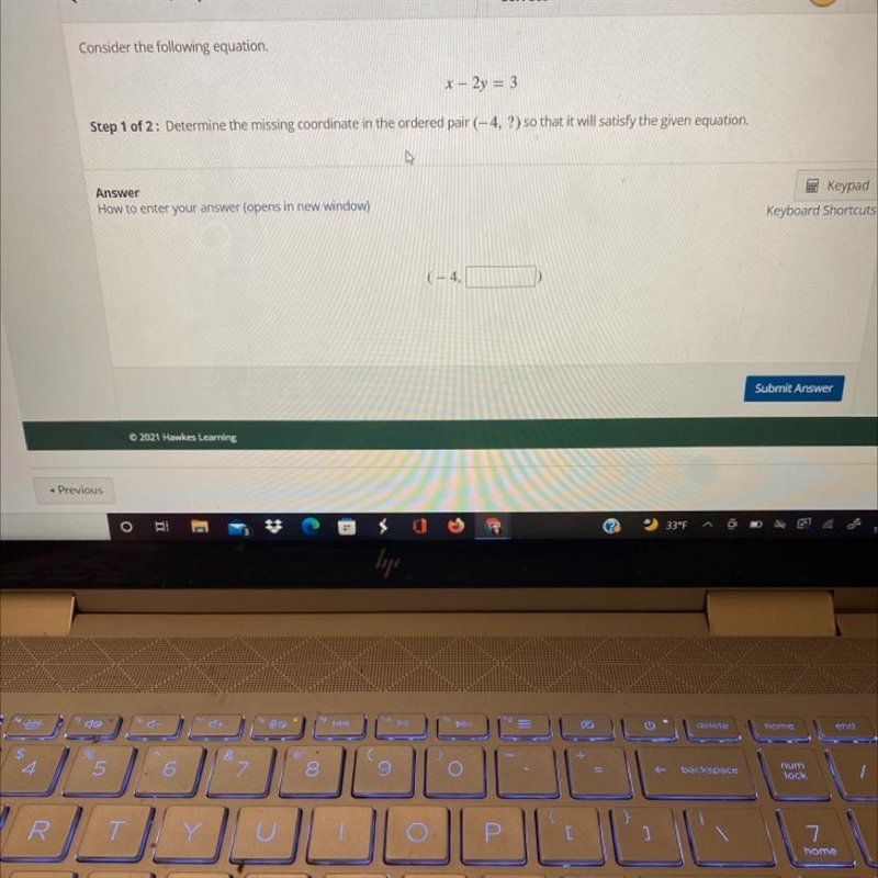 Consider the following equation.x - 2y = 3Step 1 of 2: Determine the missing coordinate-example-1