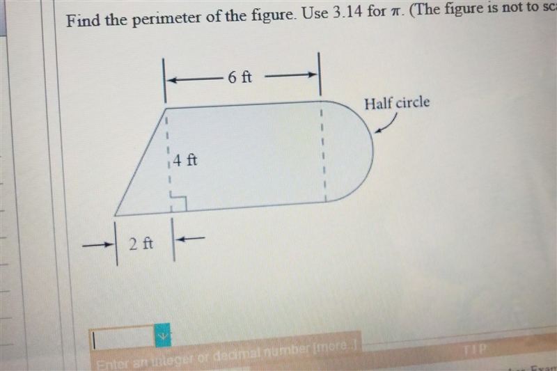 find the figure of the perimeter. Use 3.14 for pi. The figure is not to scale, round-example-1