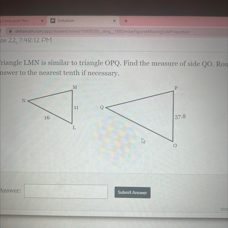 Triangle LMN is similar to triangle OPQ. Find the measure of side QO. Round your answer-example-1