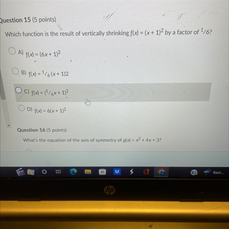 Which function is the result of vertically shrinking f(x) = (x + 1)² by a factor of-example-1