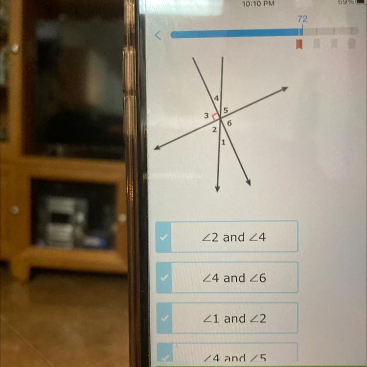 Which angles are complementary to each other? Select all that apply.-example-1