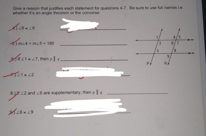 Give a reason that justifies each statement for questions 4-9.-example-1