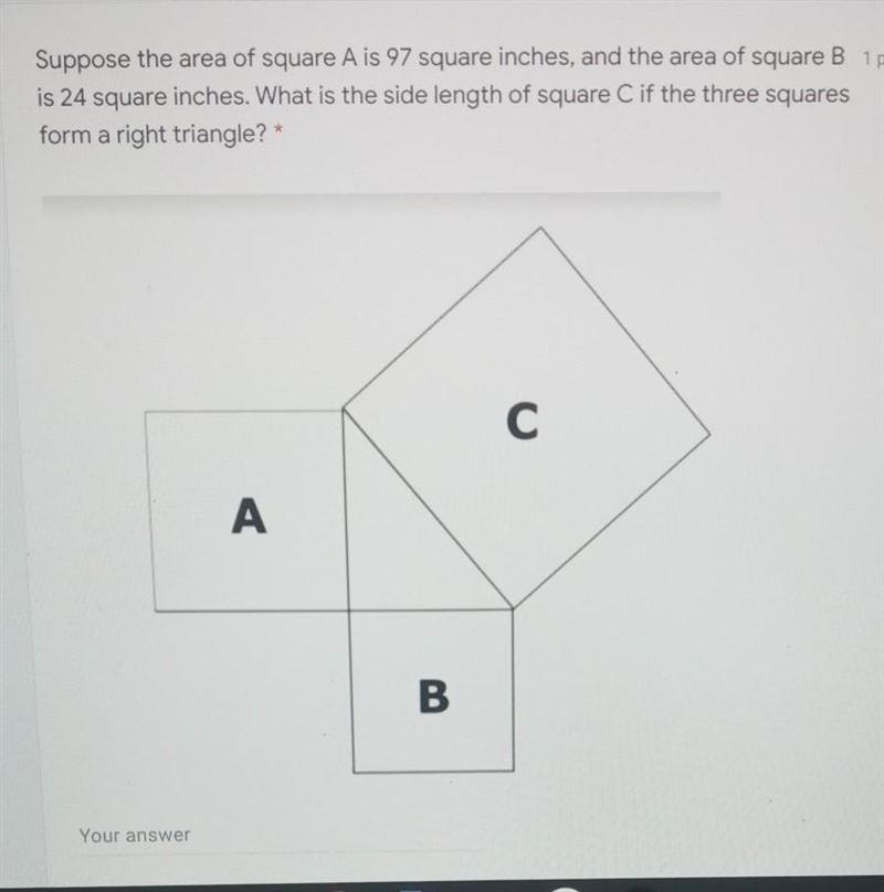 What is the side length of square C if the three squares form a right triangle?-example-1