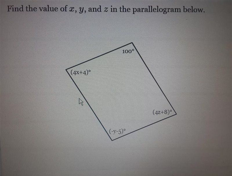 Find the value of x,y, and z in the parallelogram below.x = y =z =-example-1