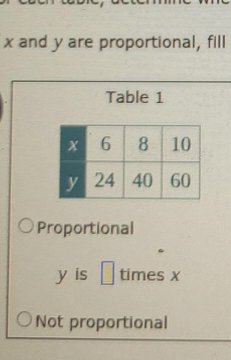 For each table determine whether it shows x and y are proportional-example-1