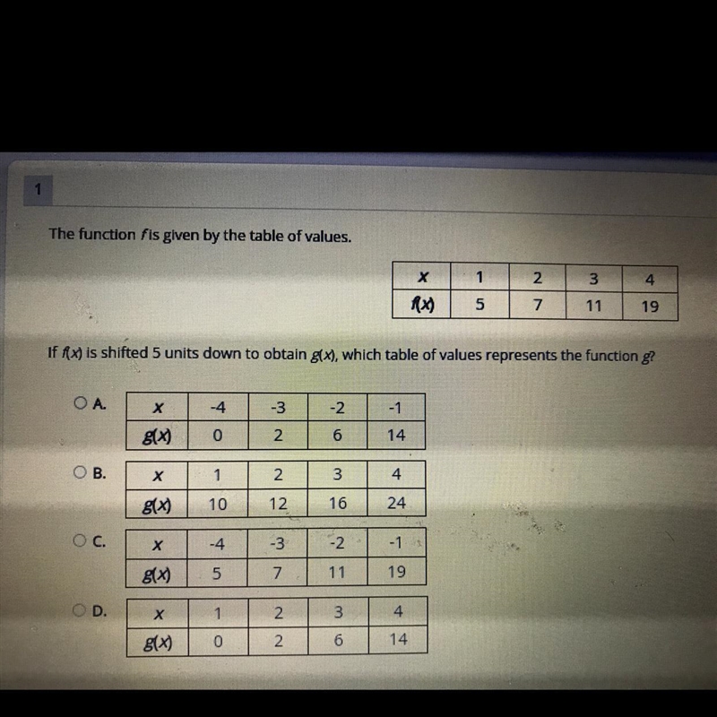 If f(x) is shifted 5 units down to obtain g(x), which table of values represents the-example-1