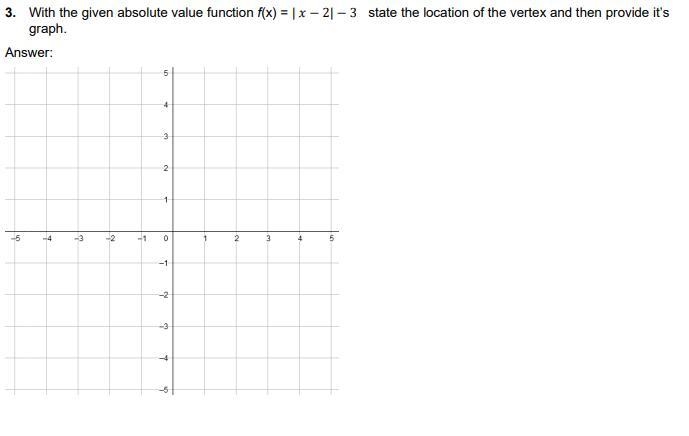 With the given absolute value function f(x) = | − 2| − 3 state the location of the-example-1