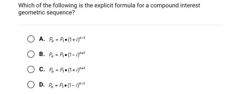 Which of the following is the explicit formula for a compound interestgeometric sequence-example-1