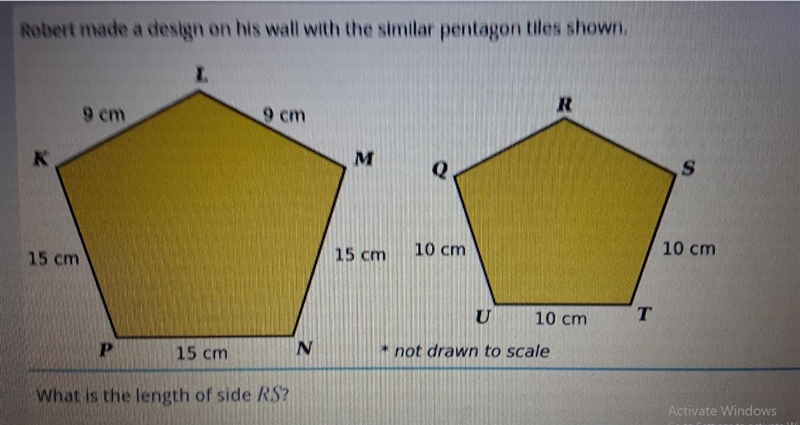 Robert made a design on his wall with the similar pentagon tiles shown. L R 9 cm 9 cm-example-1