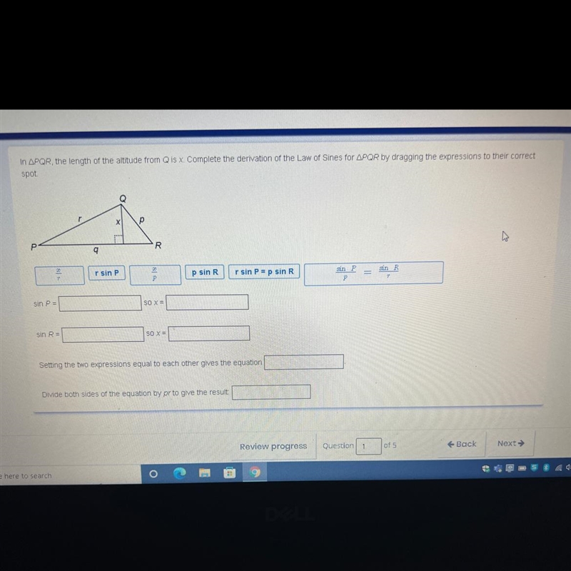 Complete the derivation of the law of sines for PQR-example-1