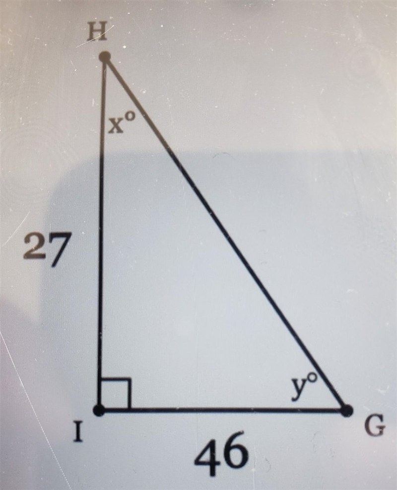 Given the triangle GHI shown below, find the measures of ∠G and ∠H, each to three-example-1