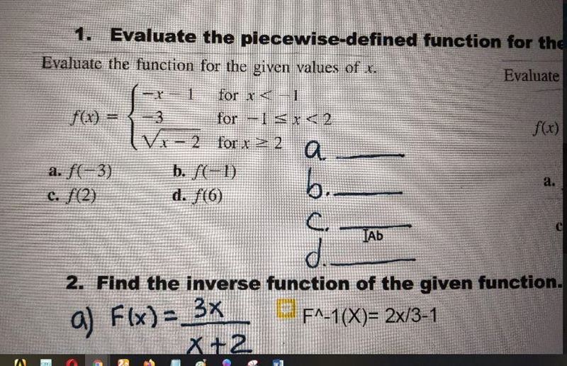 Evaluate the piecewise defined function for the given values of x.F(x)= -x -1 for-example-1