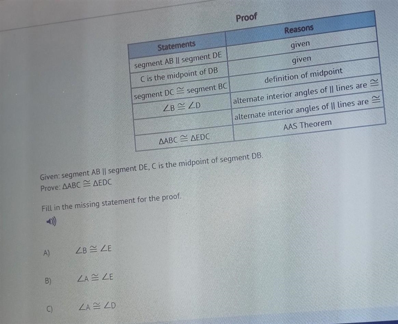 Given: segment AB || segment DE, C is the midpoint of segment DB. Prove LABC = AEDE-example-1