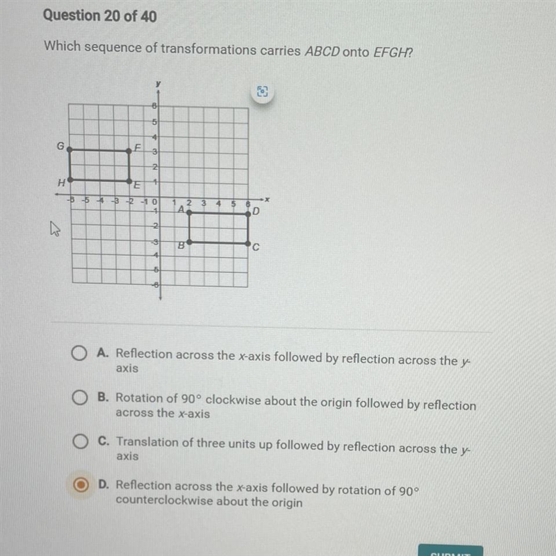 51 G F H E -3 0 A D В C A. Reflection across the x-axis followed by reflection across-example-1