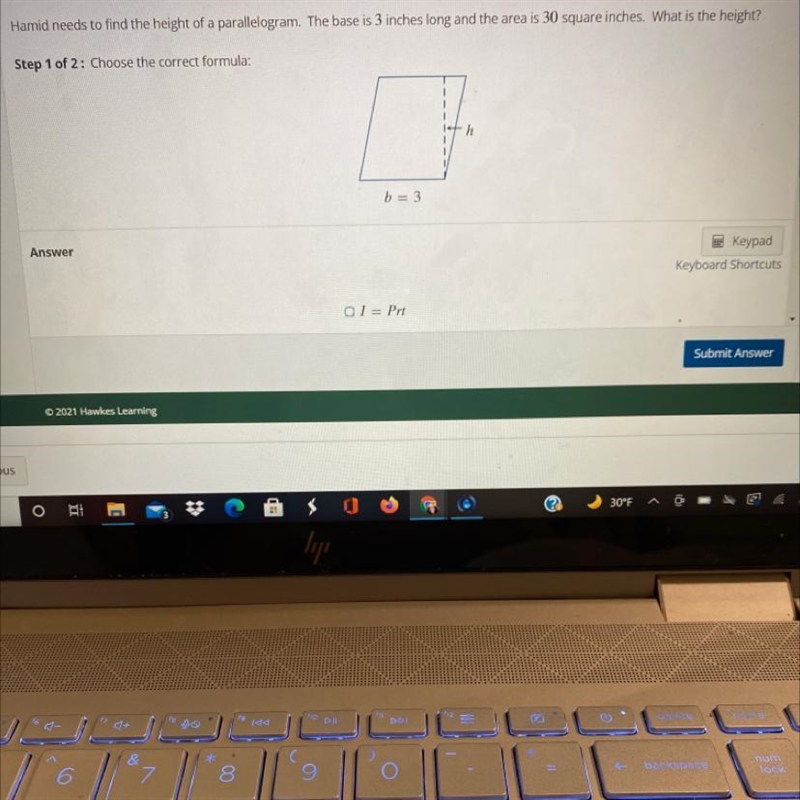 jamie needs to find the height of the parallelogram. the base is three inches long-example-1