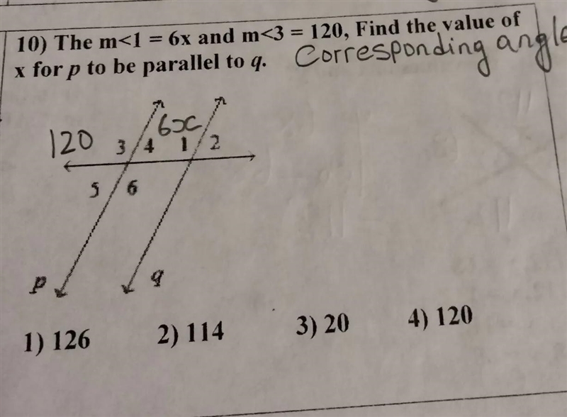 The m<1=6x and m<3=120, find the value of x for p to be parallel to q-example-1