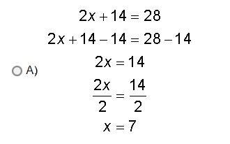 Which solution correctly solves the problem 2x + 14 = 28?-example-1