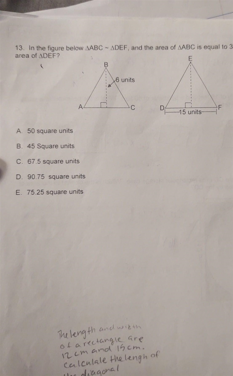 in the figure below ABC ~ DEF and the area of ABC is equal to 30 square units. what-example-1