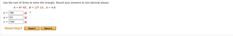 Use the Law of Sines to solve the triangle. Round your answers to two decimal places-example-1