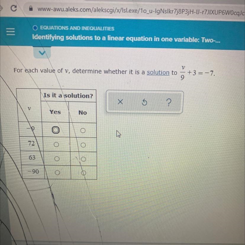 IIIIdentifying solutions to a linear equation in one variable: Two-...For each value-example-1