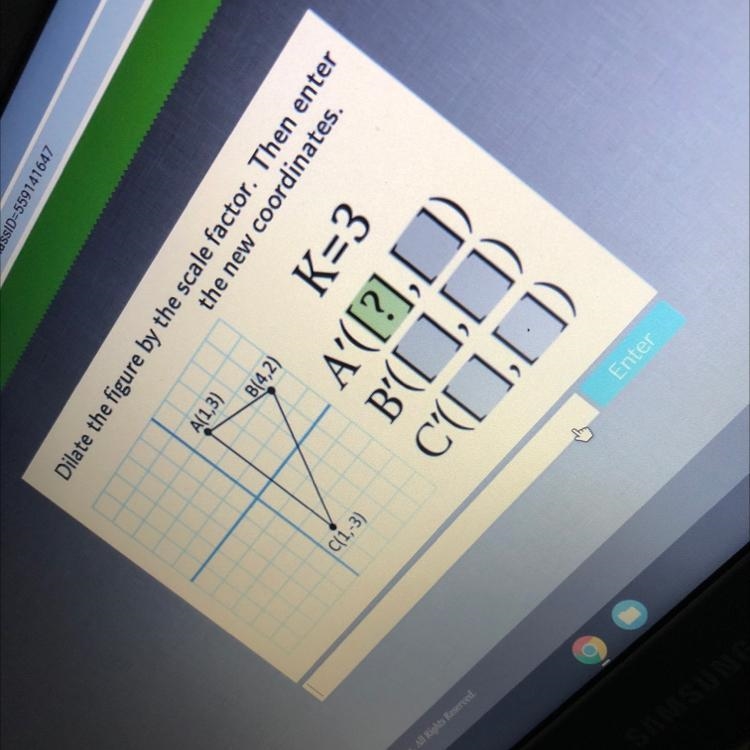 Dilate the figure by the scale factor. Then enterthe new coordinates.A(1,3)B(4,2)K-example-1