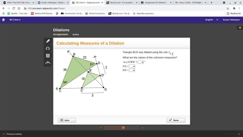 Triangle BCD was dilated using the rule D Subscript Q, one-half.What are the values-example-1