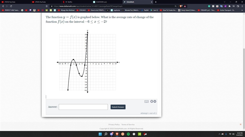 The function y=f(x) is graphed below. What is the average rate of change of the function-example-1