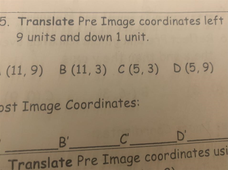 Translate PreImage coordinates left 9 units and down 1 unit.-example-1