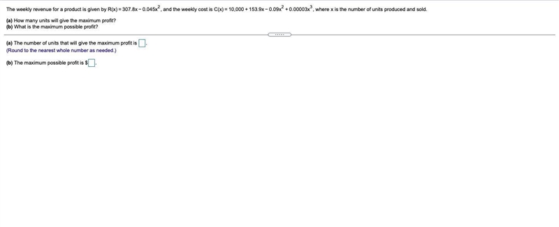 The weekly revenue for a product is given by R(x)=307.8x−0.045x2, and the weekly cost-example-1