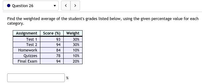 26. Find the weighted average of the student's grades listed below, using the given-example-1