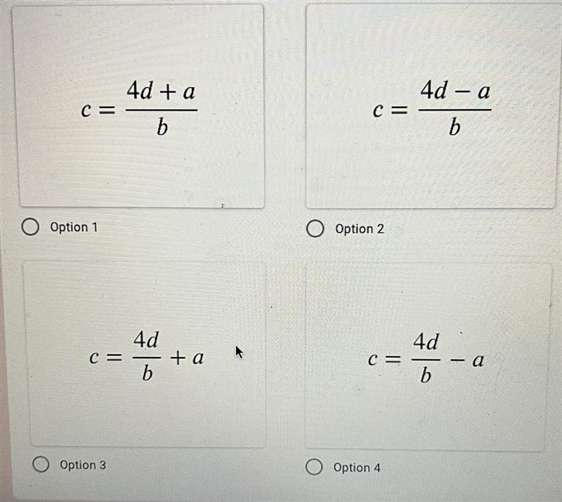 11. Solve the equation for c:a + bc = 4d-example-1