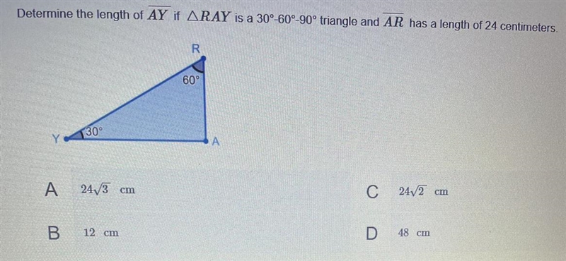 Determine the length of AY if ARAY is a 30°-60°-90° triangle and AR has a length of-example-1