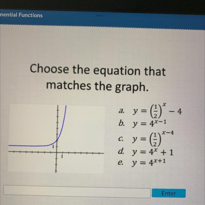 Choose the equation that matches the graph. a. (1/2)x-4 b. y = 4x-1 C. y = (1/1) (¹²) ² − 4 - d-example-1