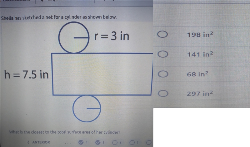 9. Sheila has sketched a net for a cylinder as shown below. or r= 3 in h= 7.5 in What-example-1