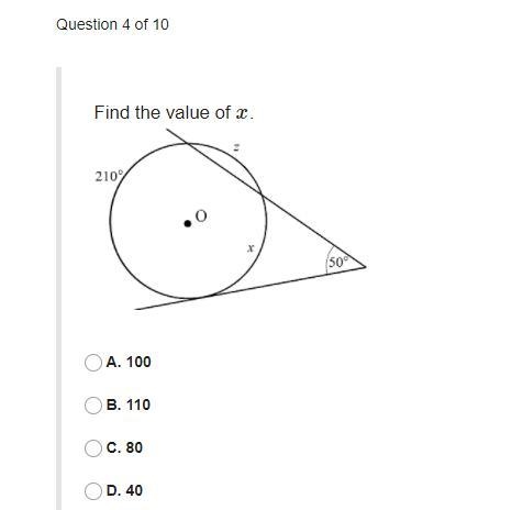 Find the value of x A. 100B. 110C. 80D. 40-example-1