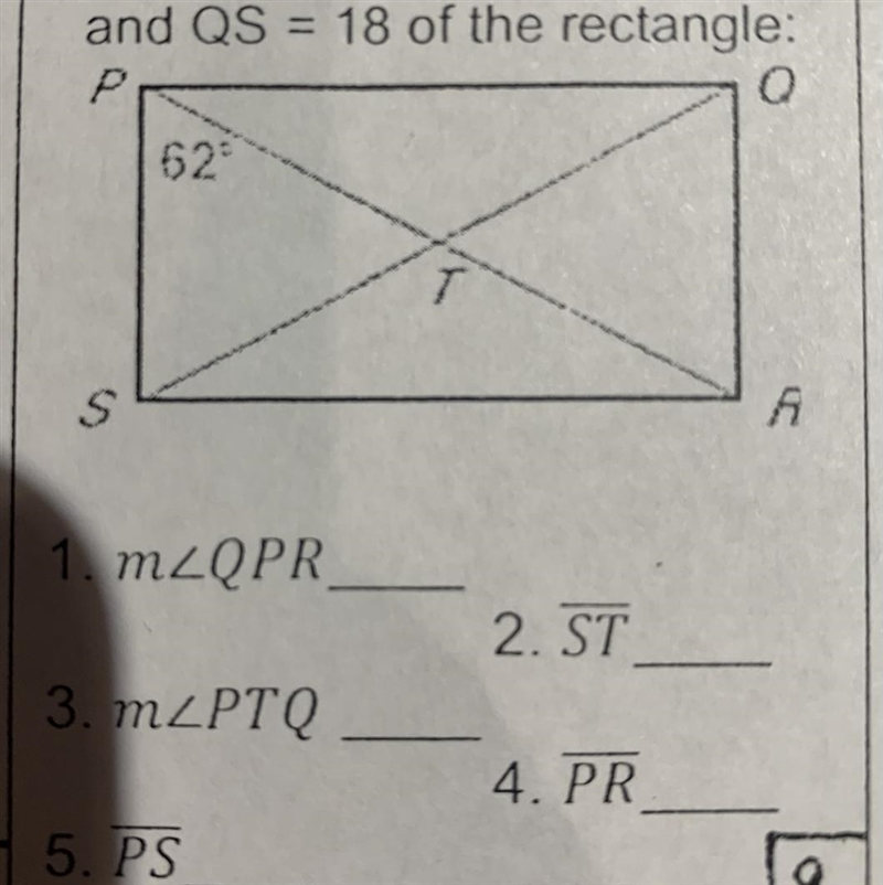 Given our ∠ RPS = 62° , PQ equals 15 and QS equals 18 of the rectangles-example-1