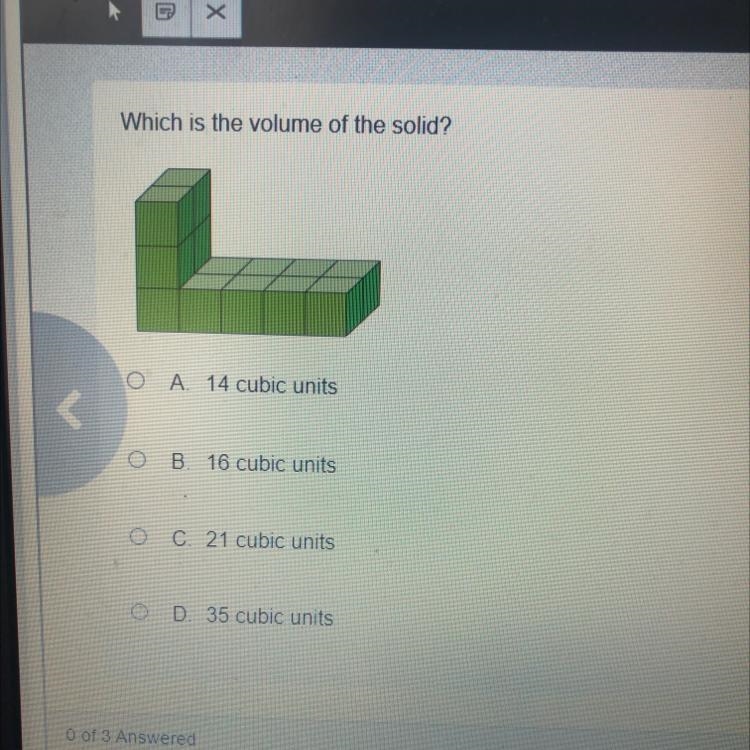 Which is the volume of the solid A. 14 cubic units B. 16 cubic units C. 21 cubic units-example-1