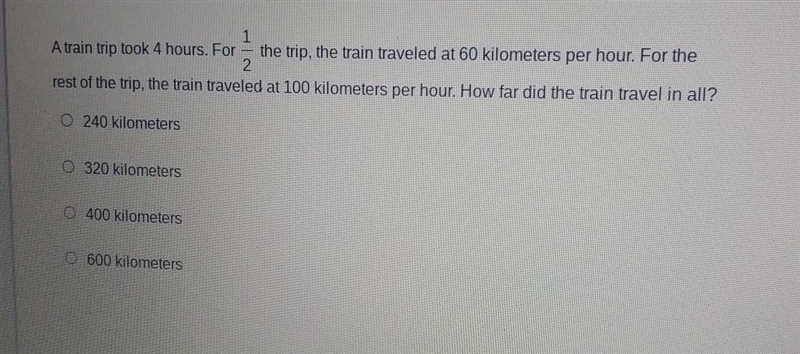 a train trip took 4 hours for 1/2 the trip the train travels at 60 km per hour for-example-1