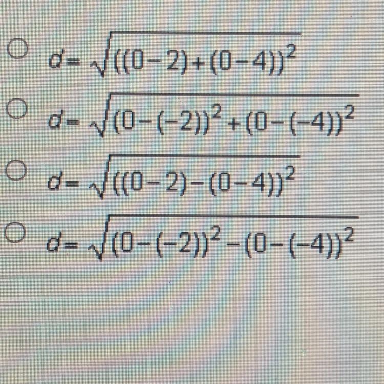 Which equation can be used to determine the distance between the origin and (-2, -4)?-example-1