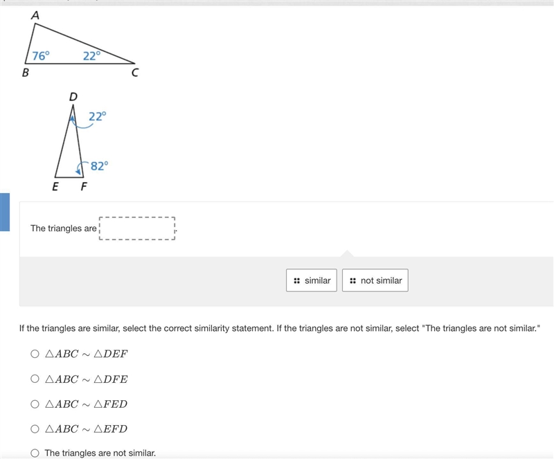 Determine whether the triangles are similar.-example-1