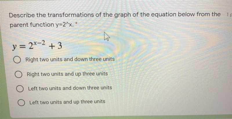 Describe the transformations of the graph of the equation below from theparent function-example-1