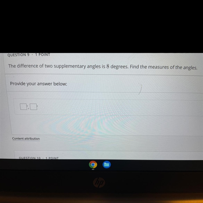 The difference of two supplementary angles is 8 degrees. Find the measures of the-example-1